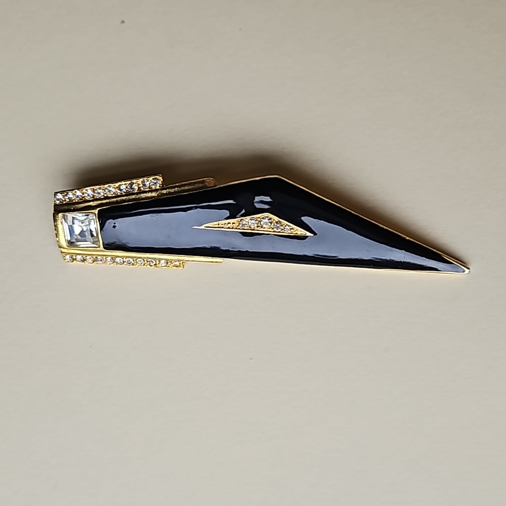 Vintage 50s Geometric Funky Black Enamel Brooch / Pendant with Rhinestones